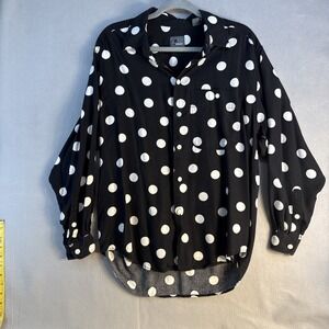 Vintage Liz Wear Women's  LARGE button Down Polka Dots Black And White Blouse